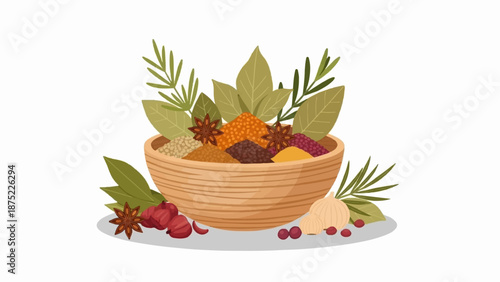 A wooden bowl brimming with colorful spices and fresh herbs