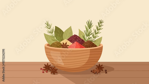 A wooden bowl overflows with colorful spices and herbs, accented by star anise