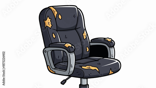 A worn-out, dark grey office chair with ripped, yellowing upholstery