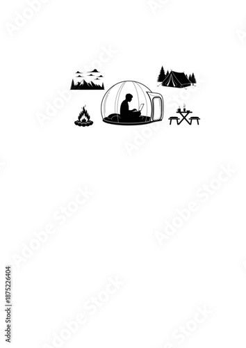 Digital Nomad Glamping Silhouette, Person Working on Laptop in Transparent Bubble Dome, Remote Work and Off Grid Nature Lifestyle Vector