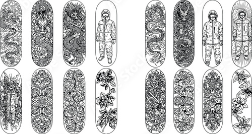 Set of extreme sports board designs featuring dragons and floral patterns for urban lifestyle products