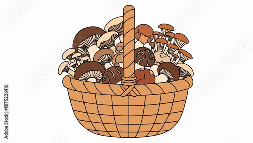 A woven basket overflows with a variety of fresh mushrooms in earthy tones