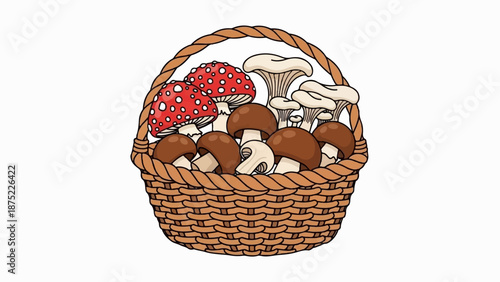 A woven basket overflows with an assortment of wild mushrooms in various colors and shapes