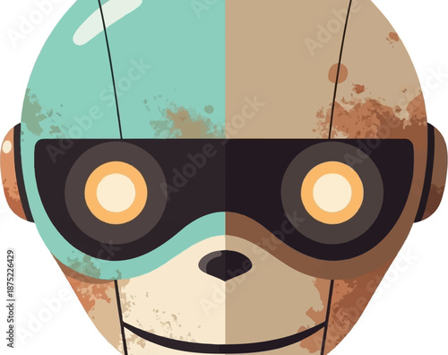 A vintage robot head with a distressed, dual-toned appearance and glowing orange eyes