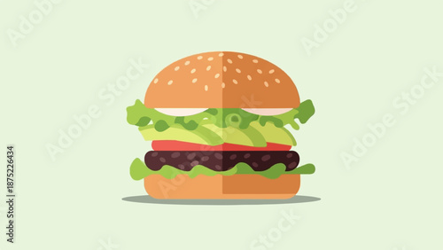 A stylized, flat-design illustration of a hamburger on a pale green background