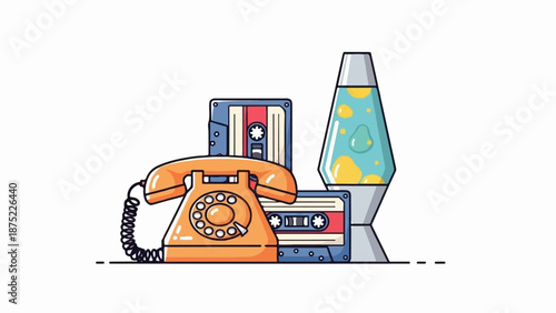 A vintage rotary phone sits beside two cassette tapes and a lava lamp