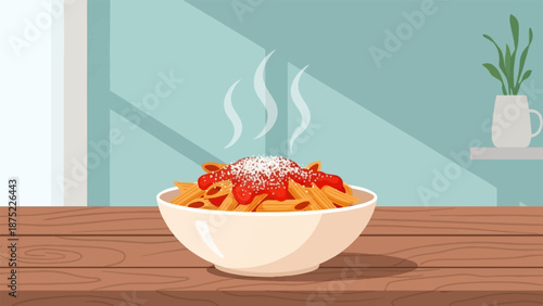 A warm bowl of penne pasta with marinara sauce and cheese sits on a wooden table