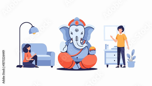A stylized Ganesha statue with people and furniture in a minimalist setting