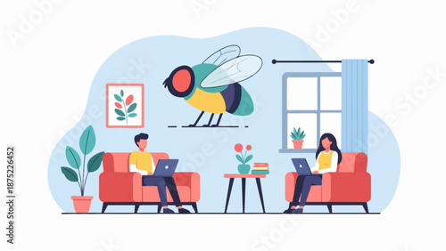 A stylized fly hovers over two people working on laptops in a living room