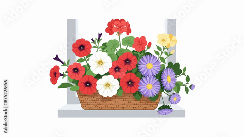 A woven basket overflows with vibrant red, white, purple, and yellow flowers on a white ledge
