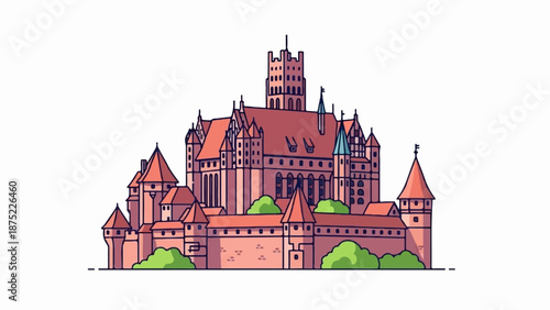 A stylized, flat-color illustration of a large, multi-towered castle complex