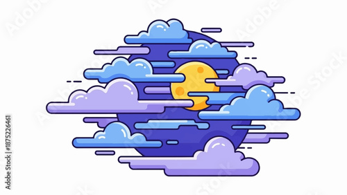 A stylized, flat illustration of a yellow moon peeking through soft blue and purple clouds against a dark blue sky