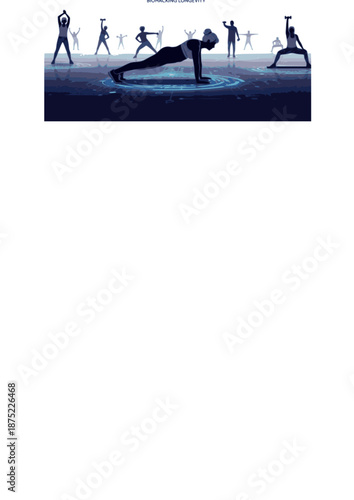 High Performance Senior Fitness Silhouette, Older Woman Doing Plank Exercise on Tech Platform, Healthy Aging and Biohacking Longevity Vector Art