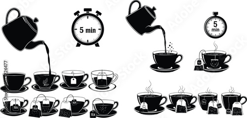 Set of various hot tea brewing process illustrations showing teapots, cups, bags, and a five minute timer