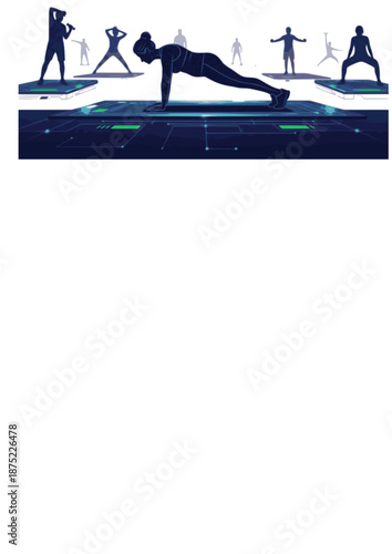 High Performance Senior Fitness Silhouette, Older Woman Doing Plank Exercise on Tech Platform, Healthy Aging and Biohacking Longevity Vector Art