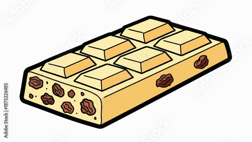 A yellow bar of chocolate with six squares and embedded raisins, on white