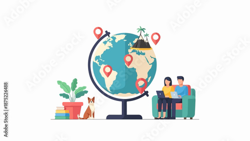 A stylized globe with location pins, a potted plant, stacked books, a dog, and a couple on a couch with laptops
