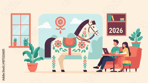 A stylized horse figure with floral designs stands next to a couple using laptops indoors