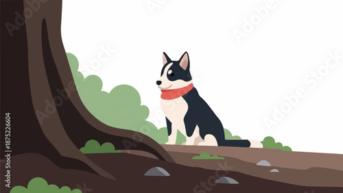 A stylized husky dog with a red scarf sits near a large tree trunk, amidst green bushes