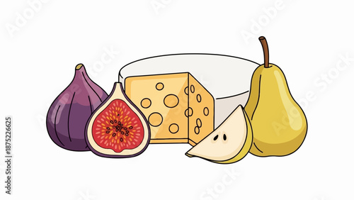 A stylized illustration depicts a wheel of cheese, whole and sliced figs, and a pear