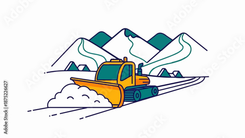 A stylized illustration depicts a yellow snow plow clearing snow on a mountain