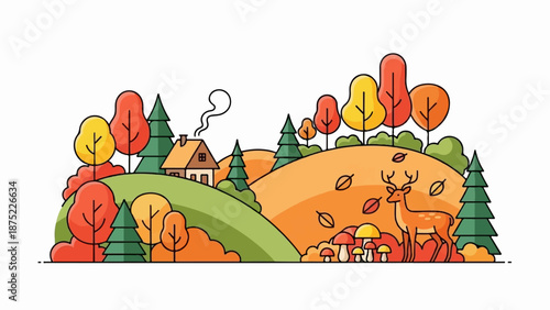 A whimsical autumn landscape with a cozy house, deer, and colorful trees