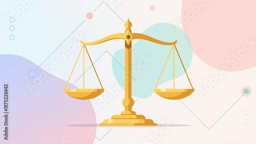 Abstract background with balanced scales and geometric elements in pastel colors