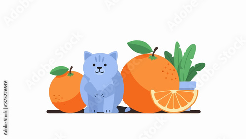 A whimsical blue cat sits with oranges and a potted plant