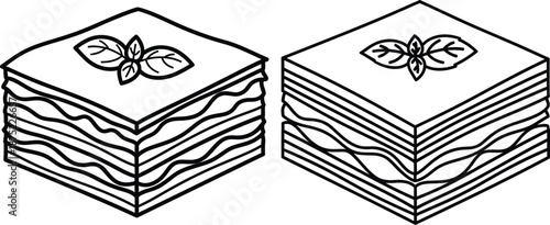 Simple layered lasagna serving with fresh basil garnish, drawn in a clean minimalist line art style