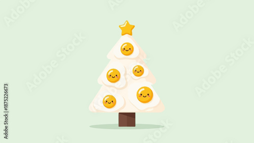A whimsical, cartoon-style Christmas tree adorned with cheerful fried eggs as ornaments, topped with a star