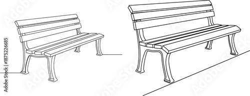 Simple park bench outline with wooden slats and metal legs, in a continuous line art style