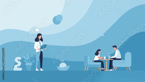 Abstract blue landscape with people interacting in business and leisure settings
