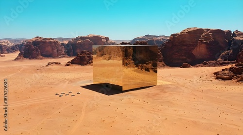 Golden Reflective Cube in Desert Landscape – Architectural Installation and Environmental Contrast Photography