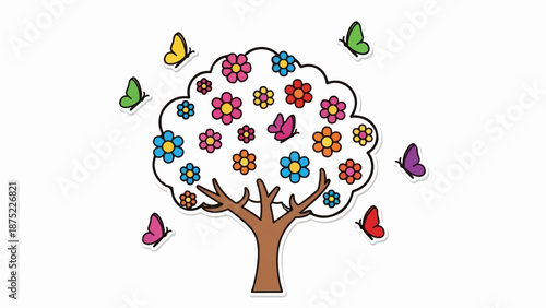 A whimsical illustration of a flowering tree with colorful butterflies fluttering around it
