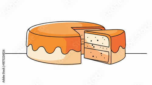 A whimsical illustration of a round cake with a slice removed, featuring layers and drippy orange frosting