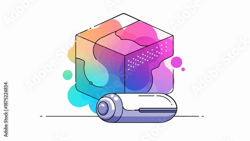 Abstract cube with colorful fluid blobs and a futuristic capsule