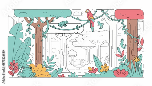 A whimsical jungle scene with vibrant flora and fauna, including frogs, a parrot, and lizards