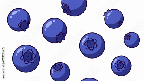 A whimsical pattern of plump, ripe blueberries scattered across a clean white background
