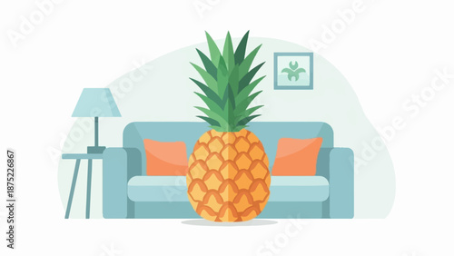A whimsical pineapple stands in a minimalist living room with a couch