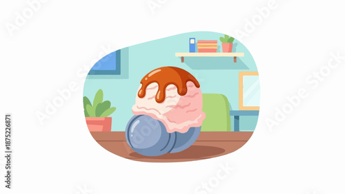 A whimsical pink ice cream scoop with caramel sauce sits atop two blue orbs on a desk