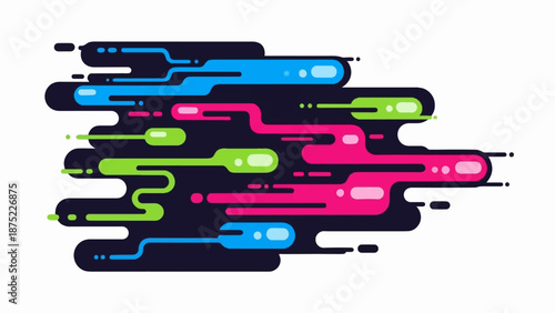 Abstract flowing shapes in vibrant blues, pinks, and greens on a dark background