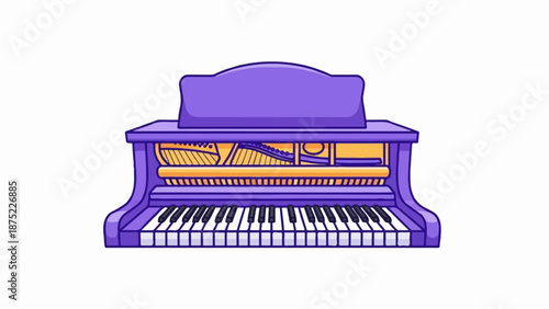 A whimsical purple grand piano with visible strings and hammers sits against a white background