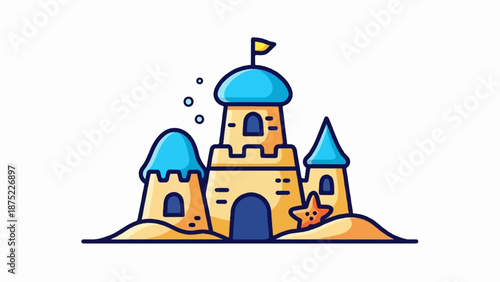 A whimsical sandcastle with blue turrets, a yellow flag, and a starfish