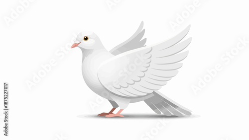 A white dove with wings spread, its gaze directed forward, perched on a white background