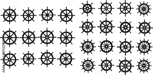 Various styles of ship steering wheels presented as simple line art and filled silhouette icons