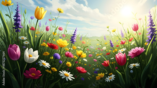 Vibrant colorful tulips and wildflowers in a sunny meadow on a beautiful day