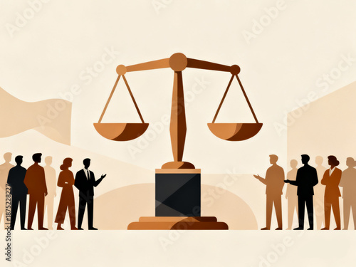Scales of Justice with People Discussing Law, Equality, and Fair Decisions