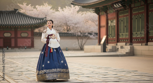 A graceful woman dressed in an elegant traditional Korean Hanbok standing in the courtyard of a historic palace.