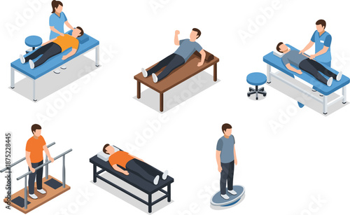 Physiotherapy treatment scenes set, patient rehabilitation exercises, medical therapy clinic, isometric healthcare illustrations, physical recovery activities, isolated on white