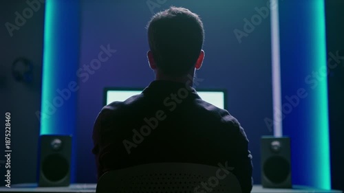 Man sitting in front of a computer with speakers in a dark room with blue lighting